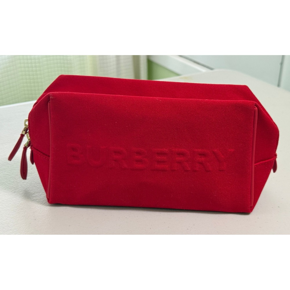 Burberry Red Canvas Embossed Logo Cosmetic Bag Makeup Pouch Travel Case